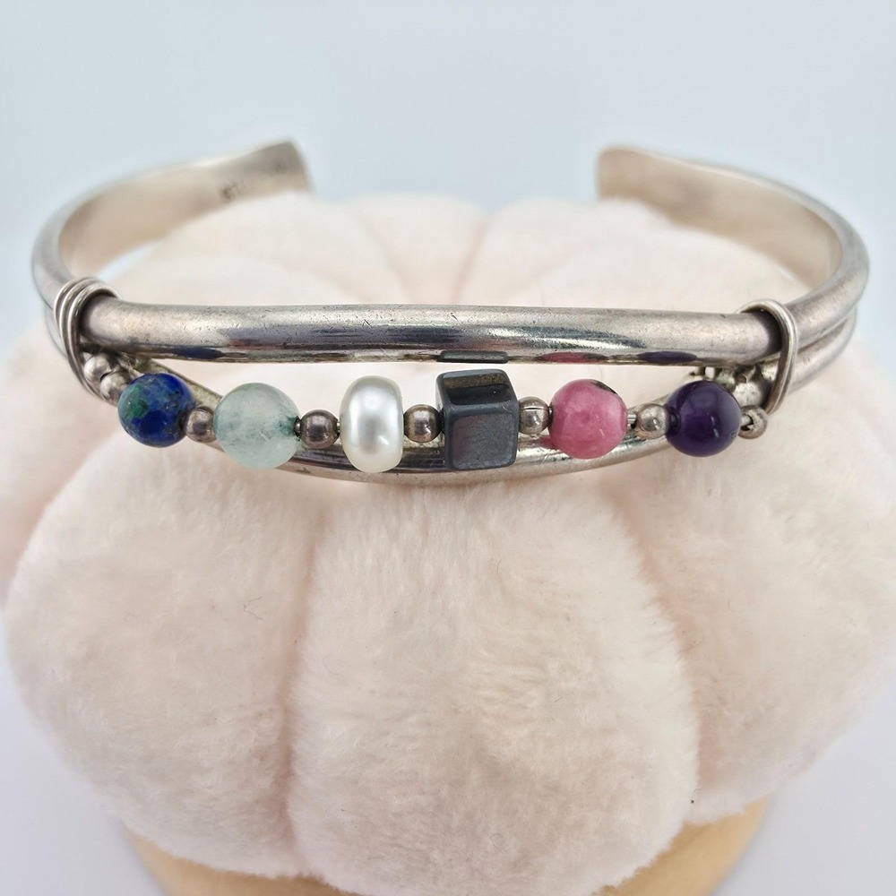 Vtg Native Lapis Lazuli Hematite Amethyst Bracelet 925‎ Sterling Silver Cuff 7"